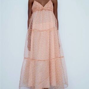 Zara Peach Floral Midi Dress NWT